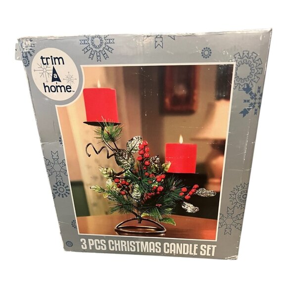 Trim A Home 3 Piece Christmas Candle Holder Set, Pine & Berry Decor No Candles - Picture 11 of 12